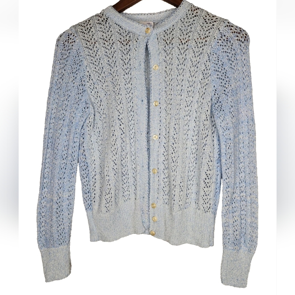 1970s It's Pure Gould Light Blue Vintage Pointelle Cardigan Sweater